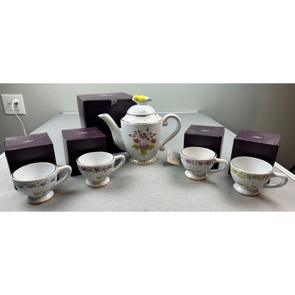 2008 Dena Designs Crazy Mountain‎ Bird and Flower Tea Pot and 4 Cups VHD8556